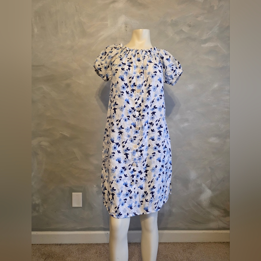 Saks Fifth Avenue White Floral Linen Summer Dress Knee Length Sundress L Mini
